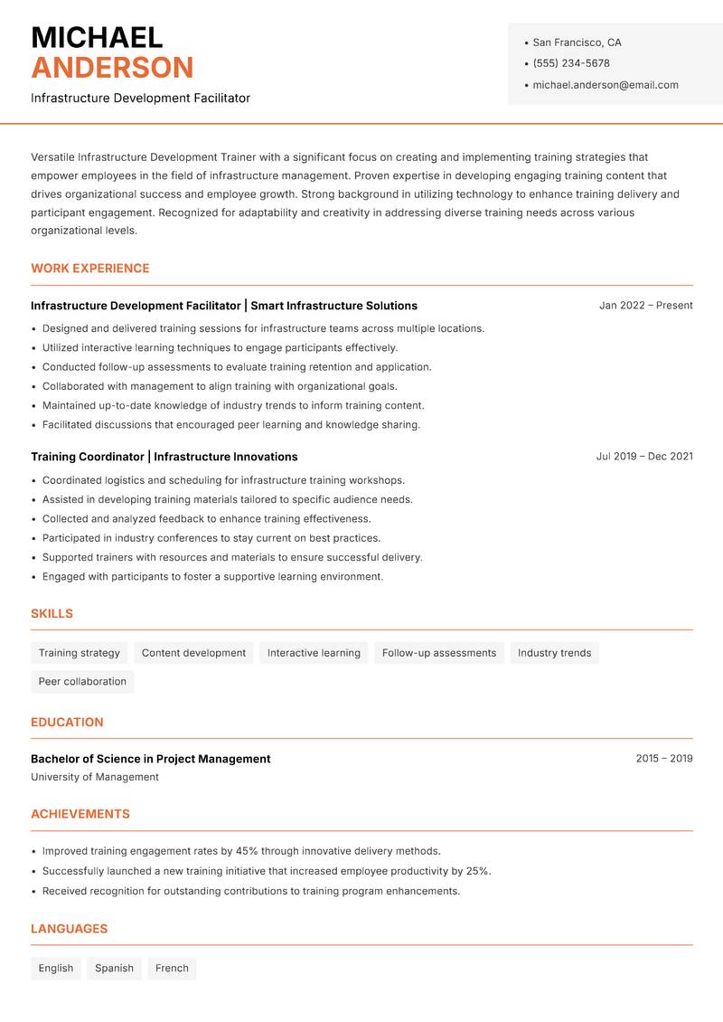 Infrastructure Development Trainer resume template — Modern Professional