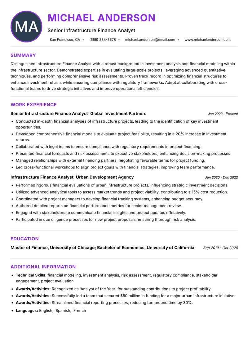 Infrastructure Finance Analyst resume example — ATS-friendly template