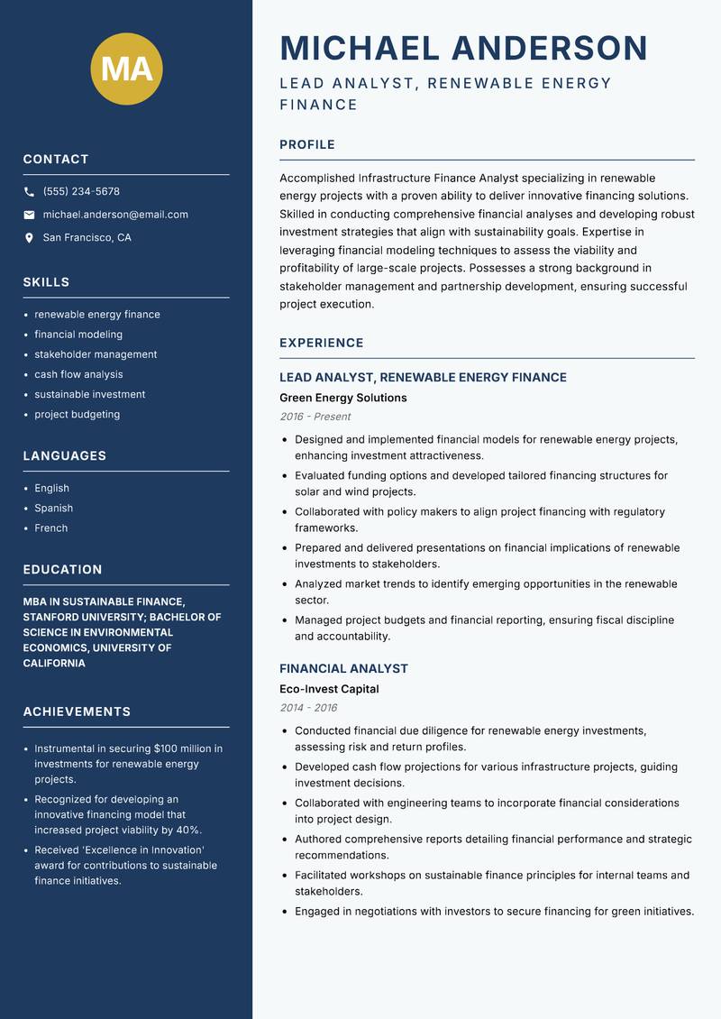 Infrastructure Finance Analyst resume template — Classic Clean