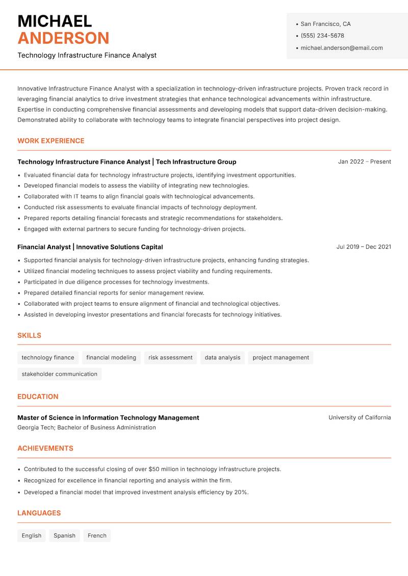 Infrastructure Finance Analyst resume template — Modern Professional