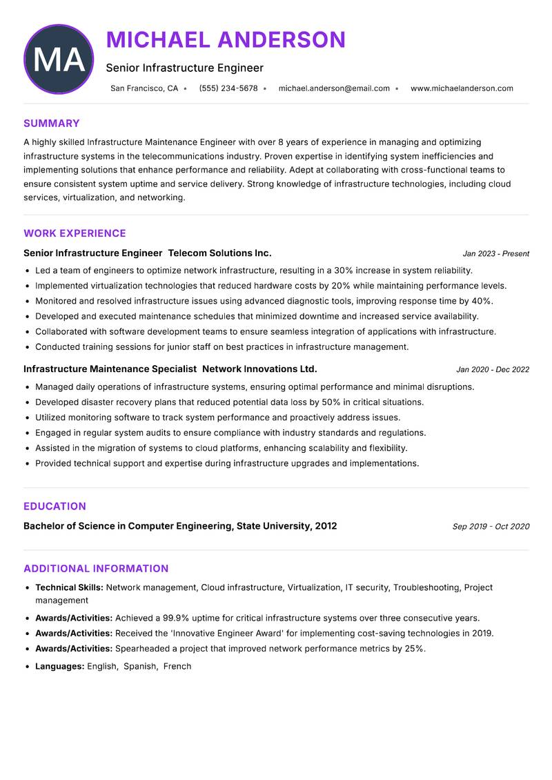 Infrastructure Maintenance Engineer resume example — ATS-friendly template