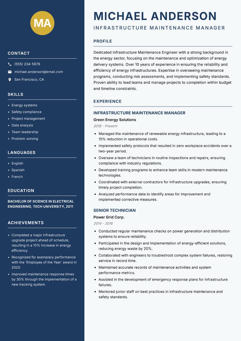 Infrastructure Maintenance Engineer resume template — Classic Clean