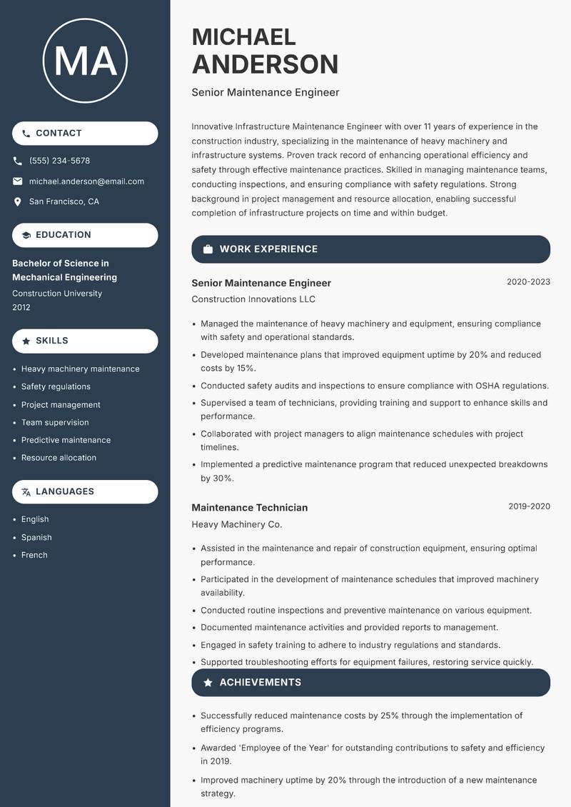 Infrastructure Maintenance Engineer resume template — Compact