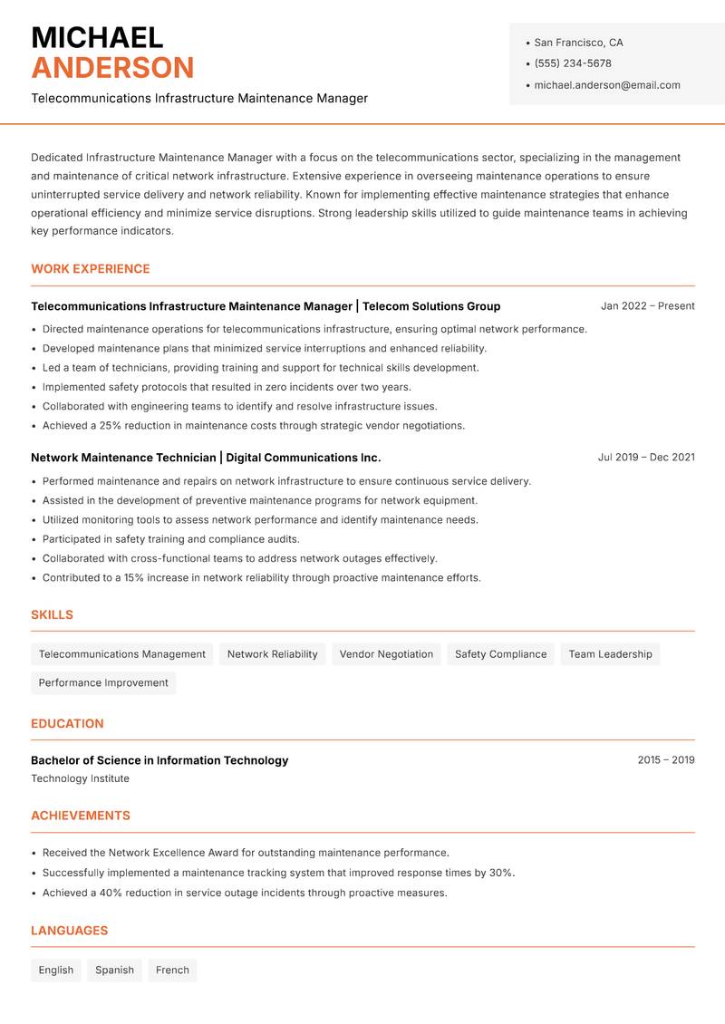 Infrastructure Maintenance Manager resume template — Modern Professional