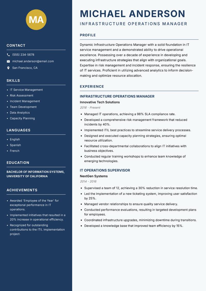 Infrastructure Operations Manager resume template — Classic Clean