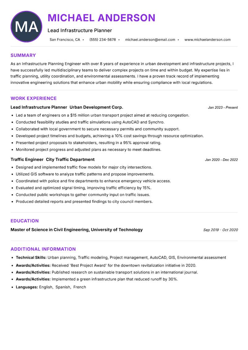 Infrastructure Planning Engineer resume example — ATS-friendly template
