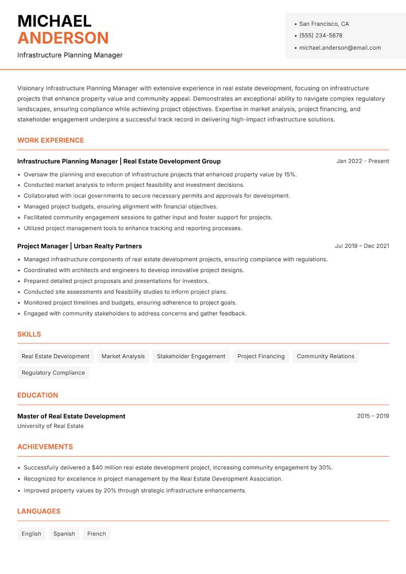 Infrastructure Planning Manager resume template — Modern Professional