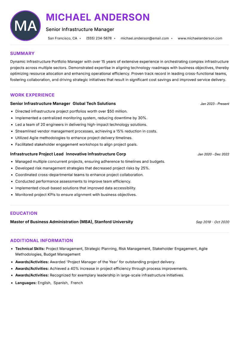 Infrastructure Portfolio Manager resume example — ATS-friendly template