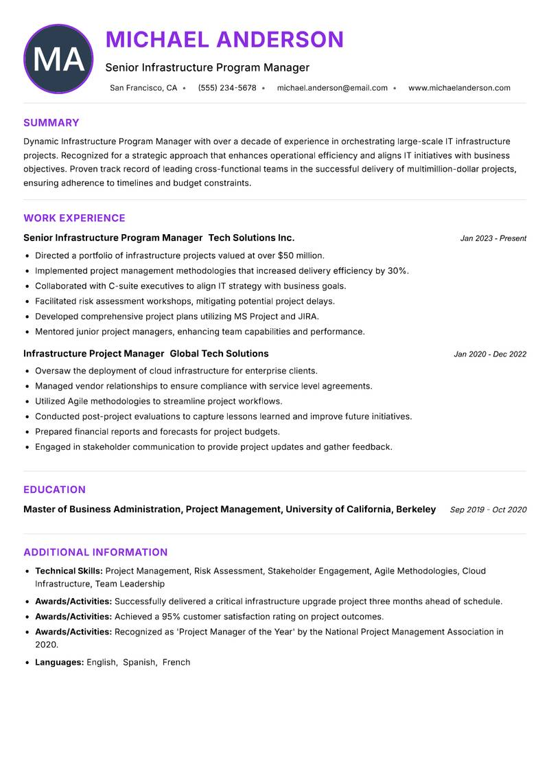 Infrastructure Program Manager resume example — ATS-friendly template