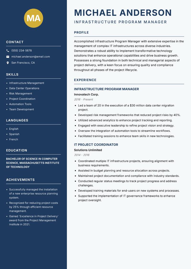 Infrastructure Program Manager resume template — Classic Clean