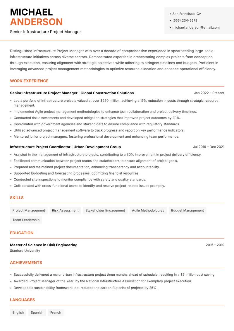Infrastructure Project Manager resume template — Modern Professional