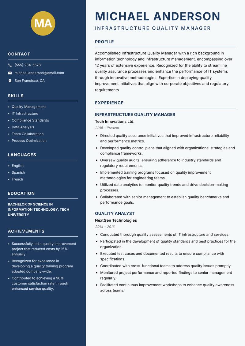 Infrastructure Quality Manager resume template — Classic Clean