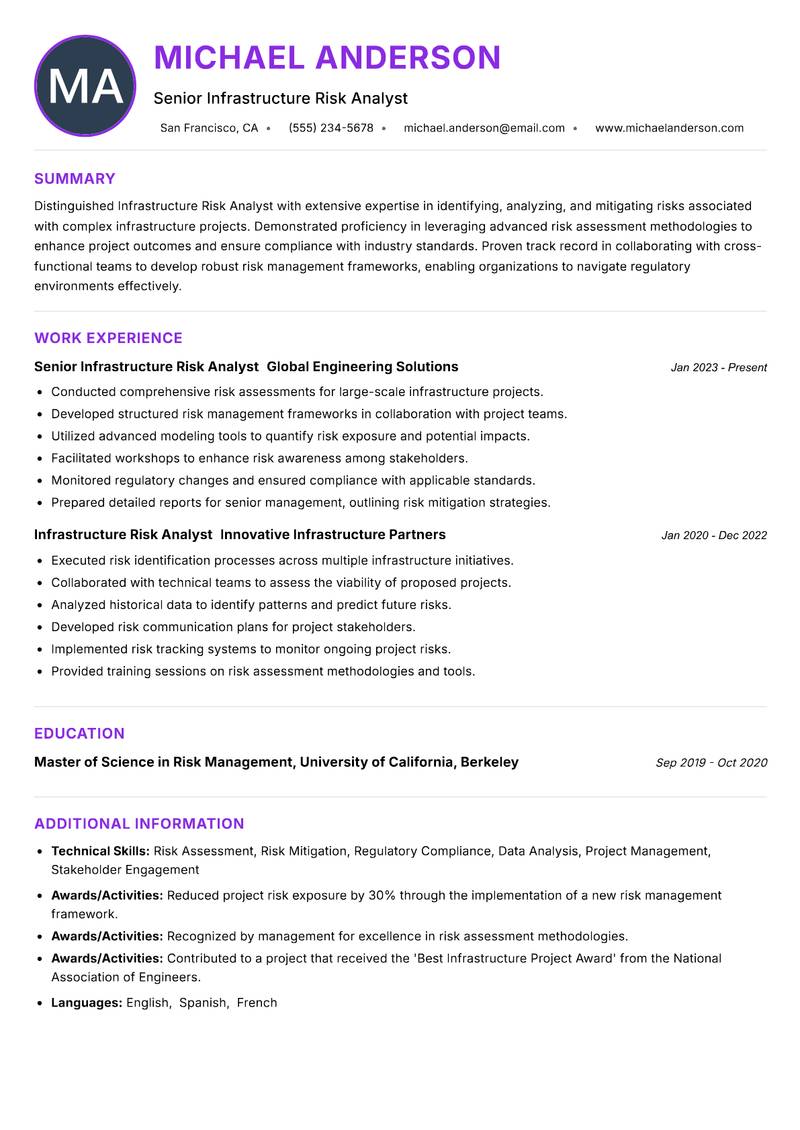 Infrastructure Risk Analyst resume example — ATS-friendly template