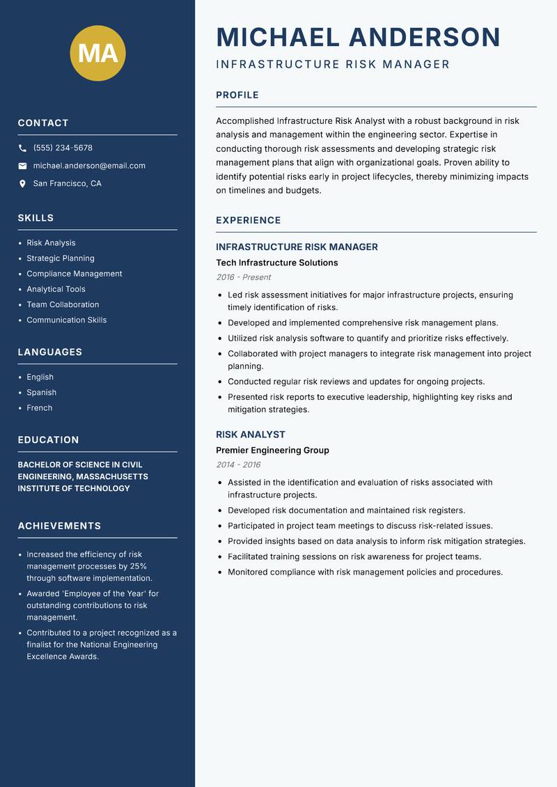 Infrastructure Risk Analyst resume template — Classic Clean