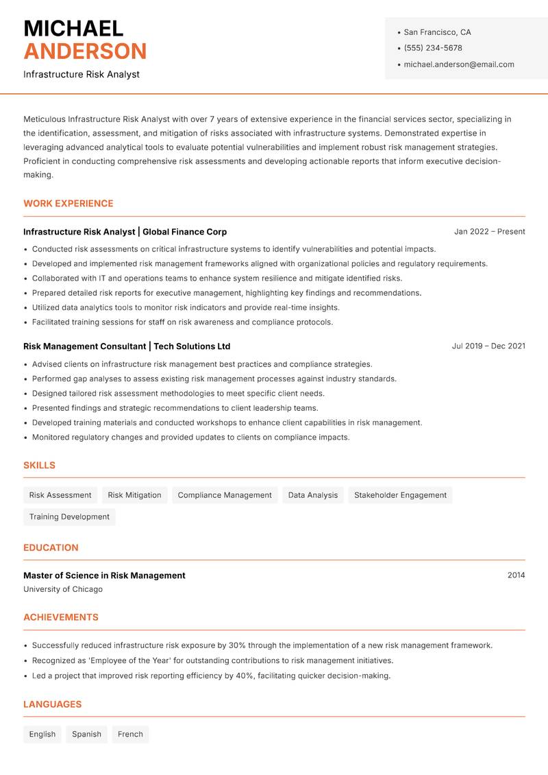 Infrastructure Risk Analyst resume template — Modern Professional