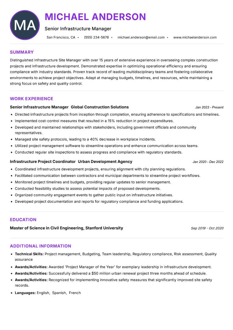 Infrastructure Site Manager resume example — ATS-friendly template