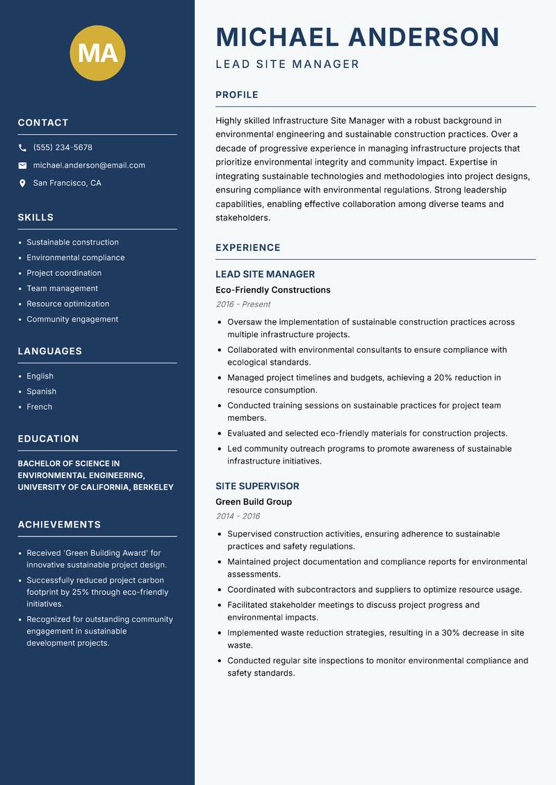 Infrastructure Site Manager resume template — Classic Clean