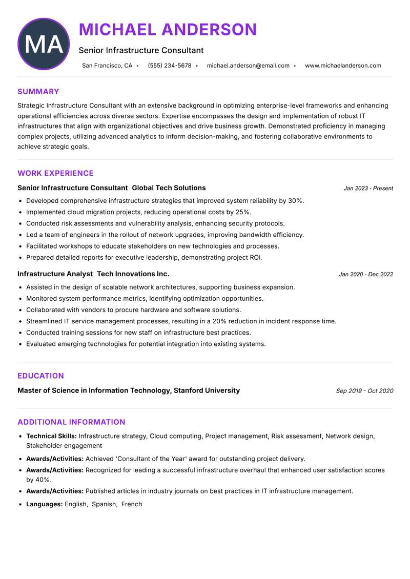 Infrastructure Strategy Consultant resume example — ATS-friendly template