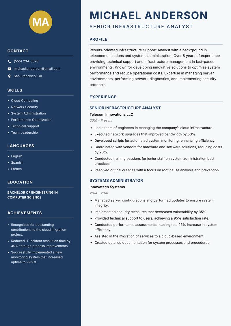 Infrastructure Support Analyst resume template — Classic Clean