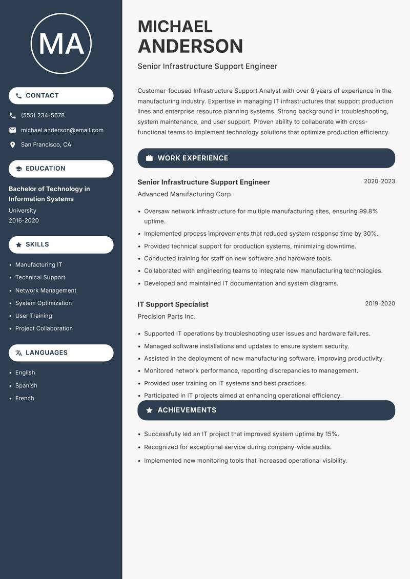 Infrastructure Support Analyst resume template — Compact