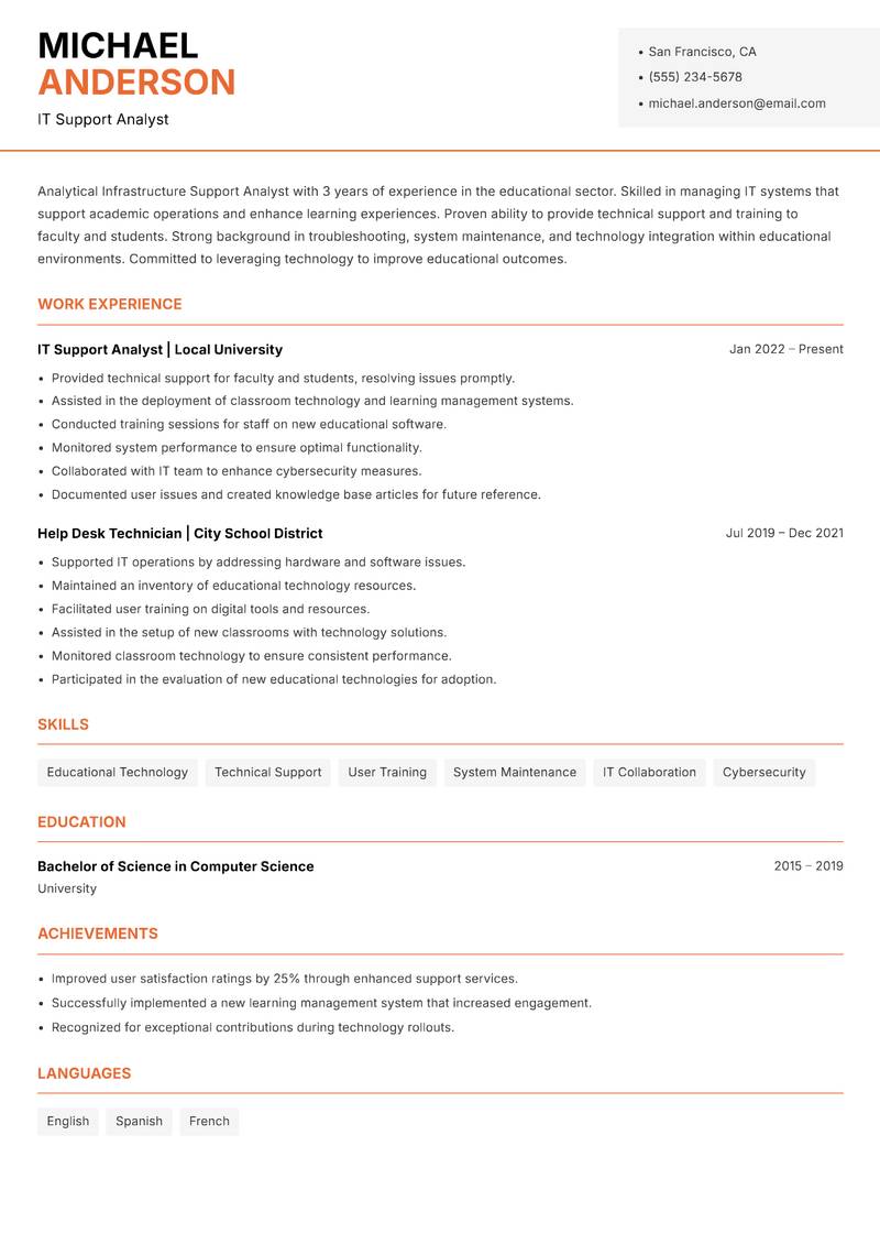 Infrastructure Support Analyst resume template — Modern Professional