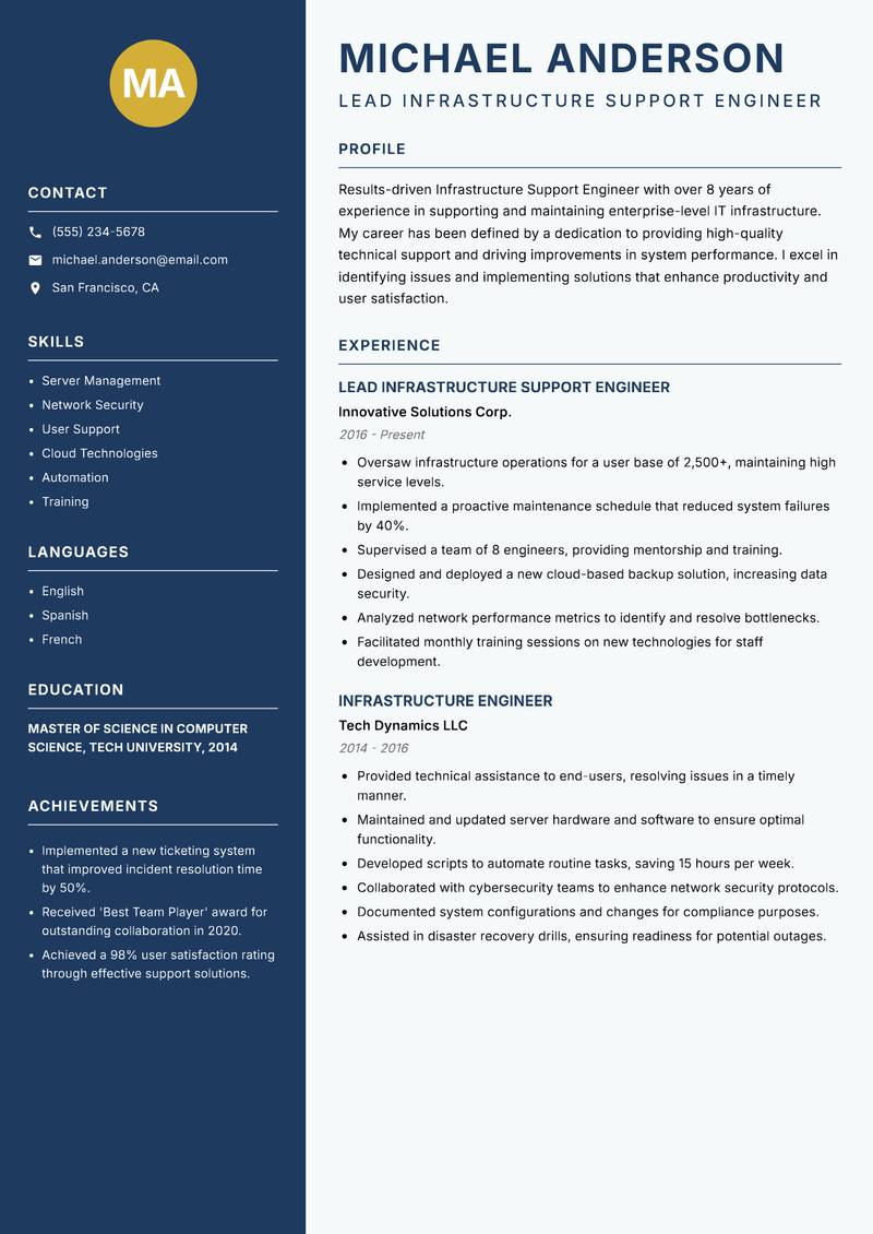 Infrastructure Support Engineer resume template — Classic Clean