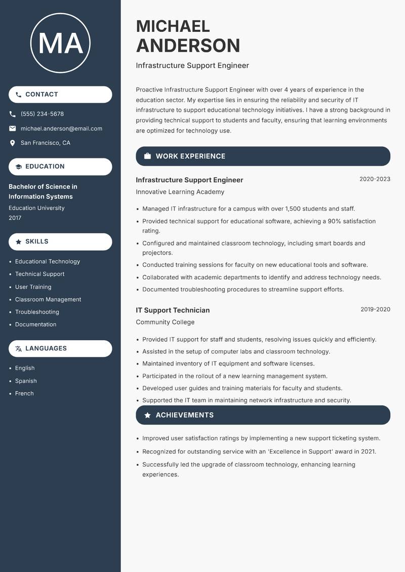 Infrastructure Support Engineer resume template — Compact