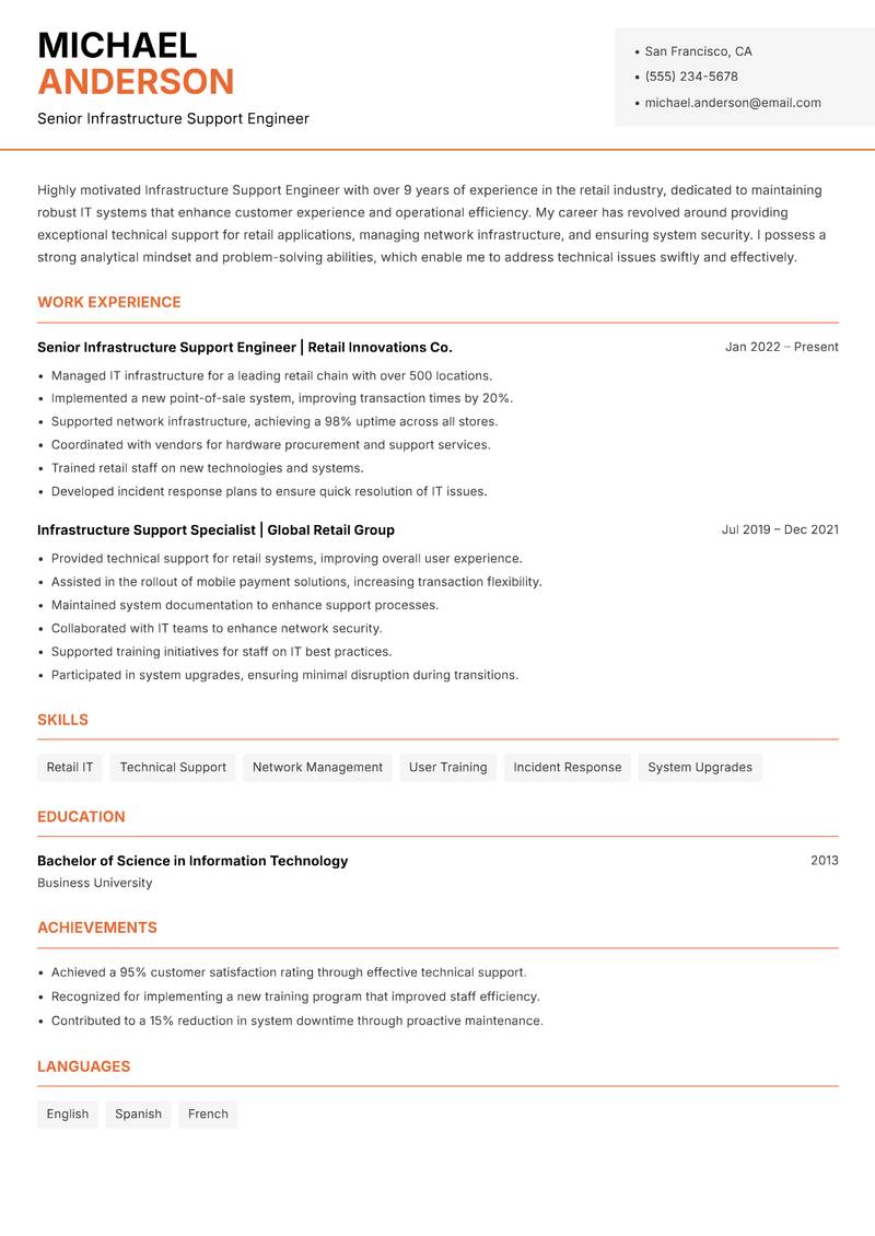 Infrastructure Support Engineer resume template — Modern Professional