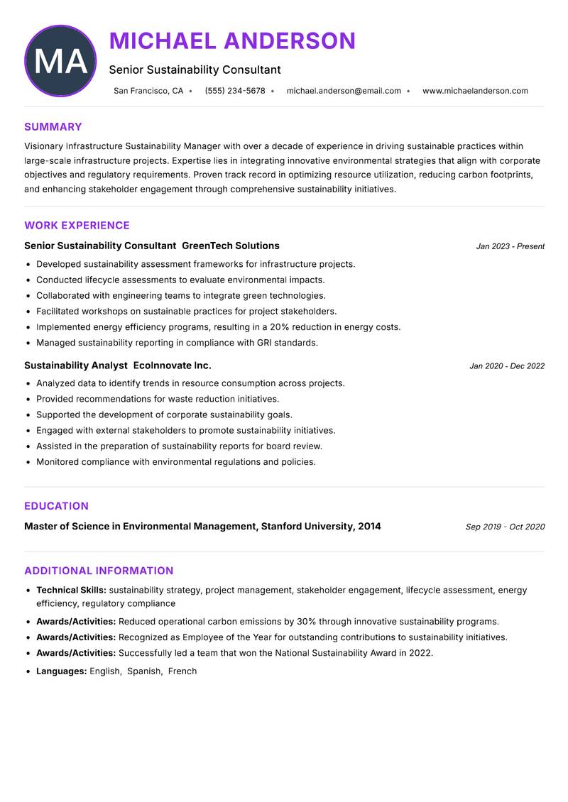 Infrastructure Sustainability Manager resume example — ATS-friendly template