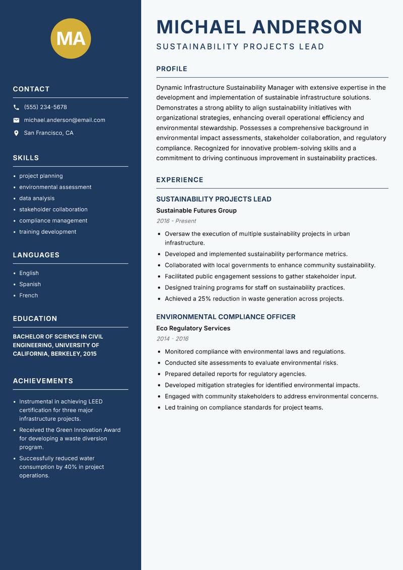 Infrastructure Sustainability Manager resume template — Classic Clean