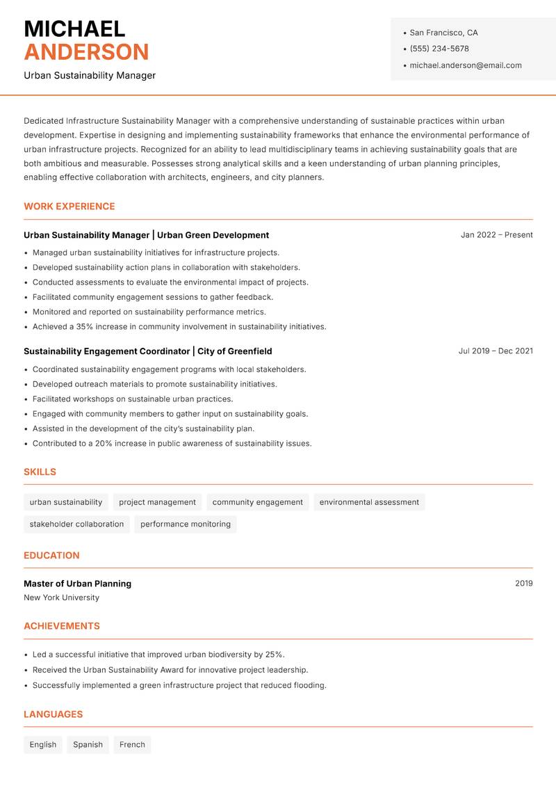 Infrastructure Sustainability Manager resume template — Modern Professional