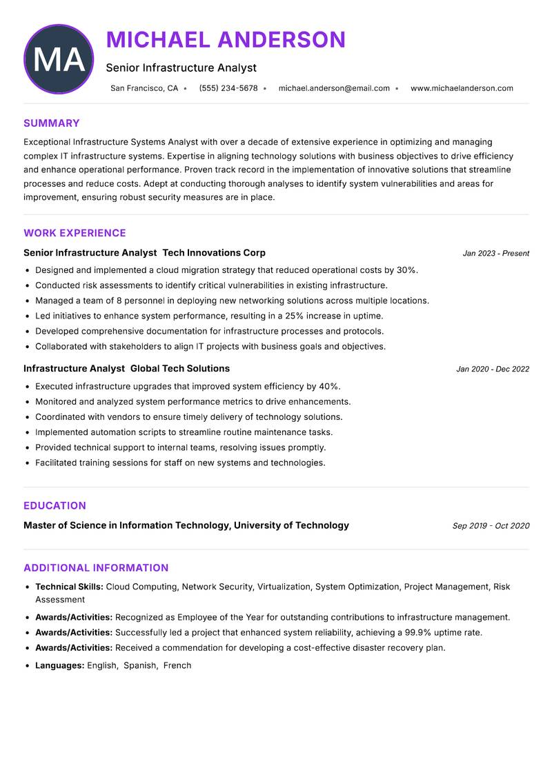 Infrastructure Systems Analyst resume example — ATS-friendly template