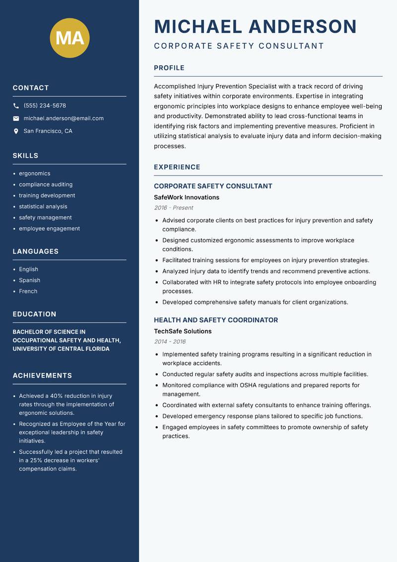 Injury Prevention Specialist resume template — Classic Clean