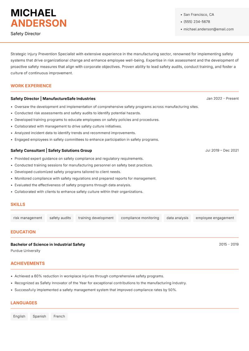 Injury Prevention Specialist resume template — Modern Professional