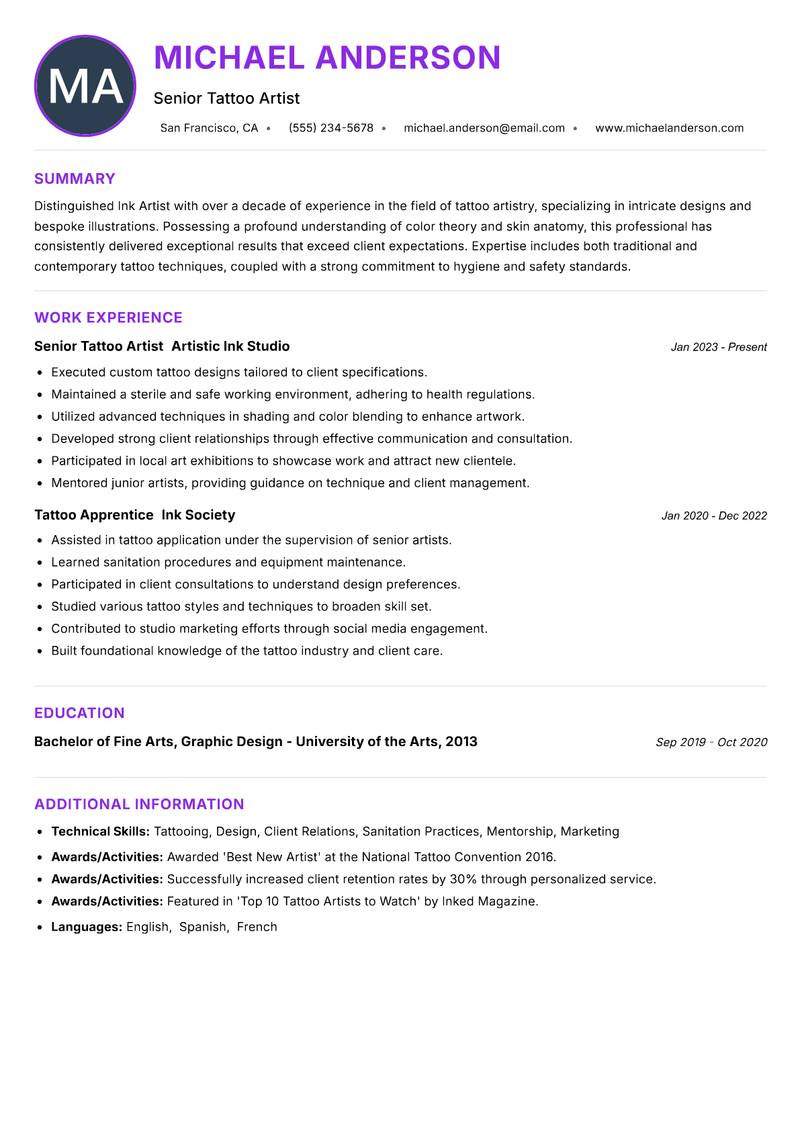 Ink Artist resume example — ATS-friendly template