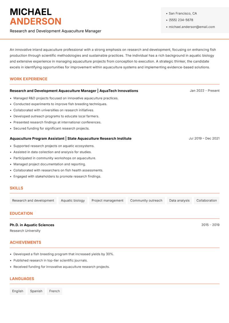 Inland Aquaculture Specialist resume template — Modern Professional
