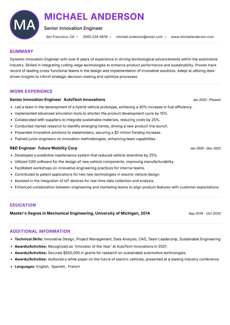 Innovation Engineer resume example — ATS-friendly template