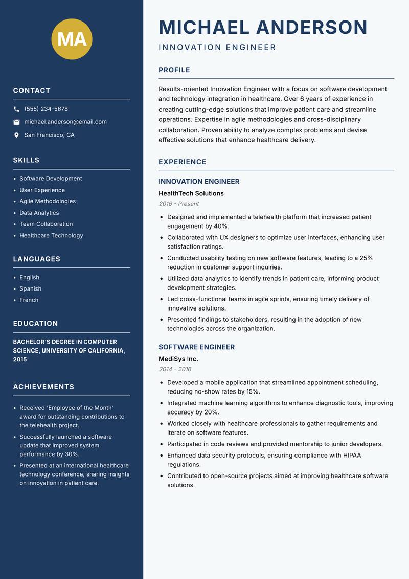 Innovation Engineer resume template — Classic Clean