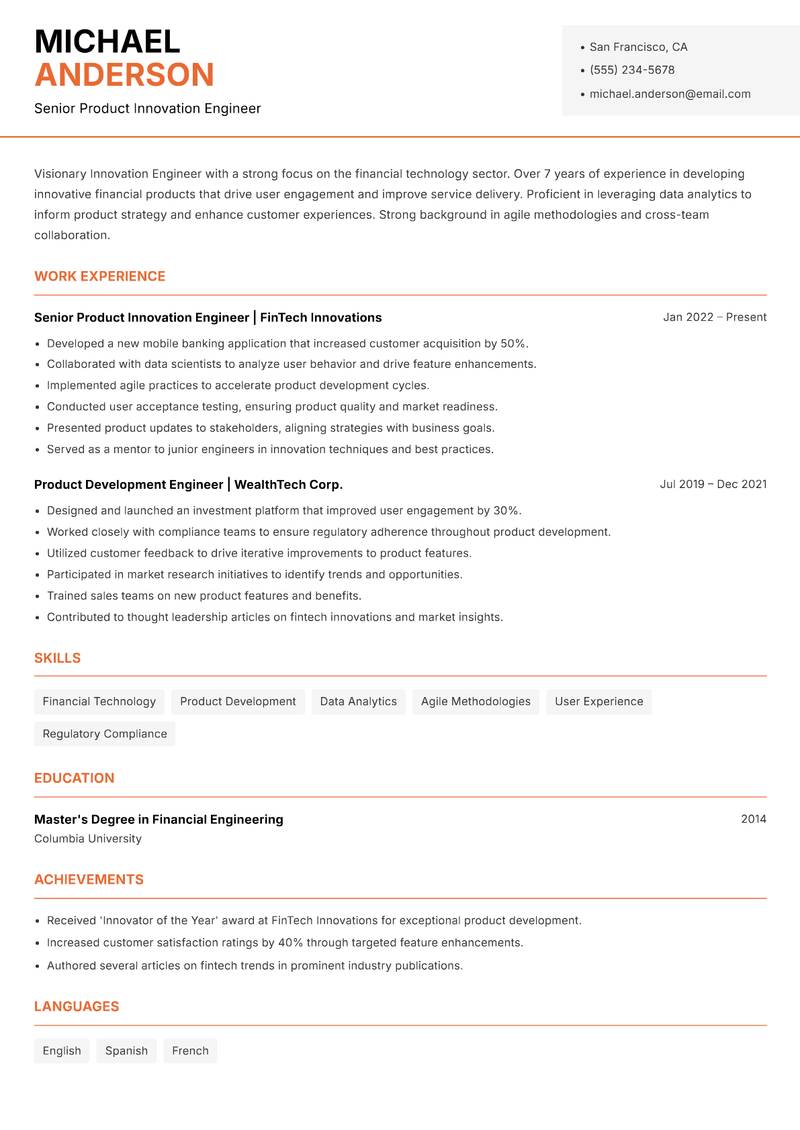 Innovation Engineer resume template — Modern Professional