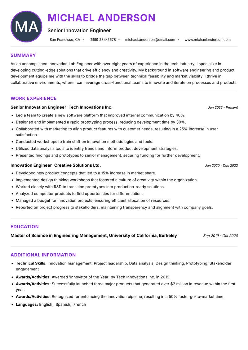 Innovation Lab Engineer resume example — ATS-friendly template