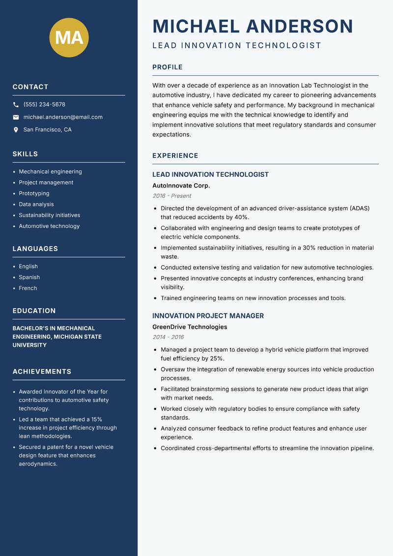 Innovation Lab Technologist resume template — Classic Clean