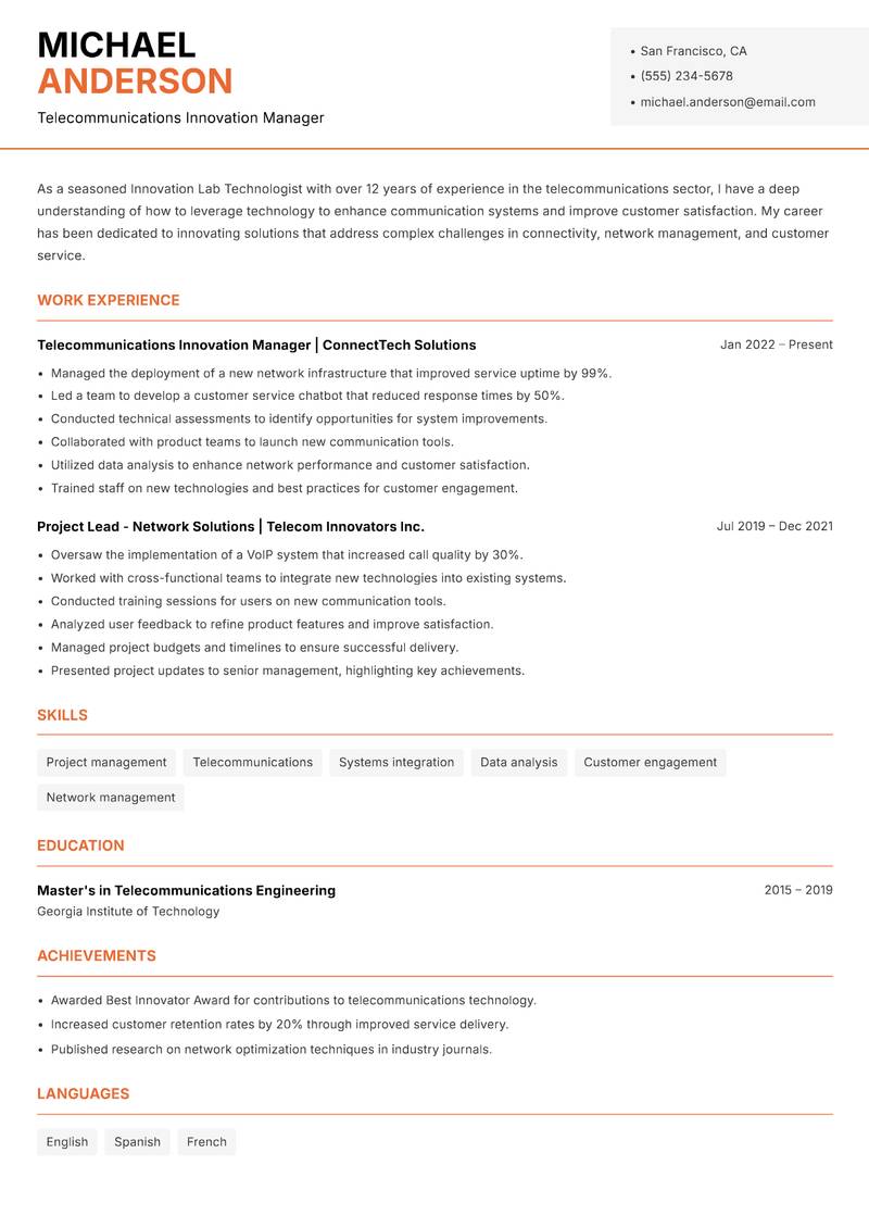 Innovation Lab Technologist resume template — Modern Professional