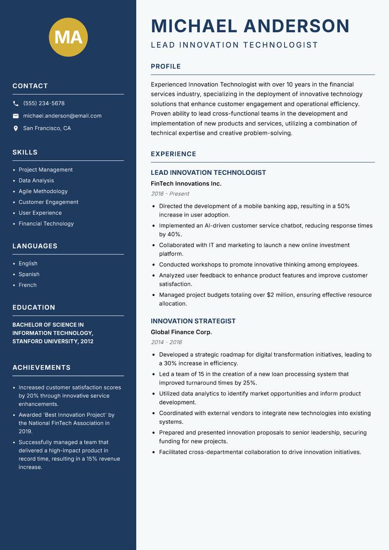 Innovation Technologist resume template — Classic Clean