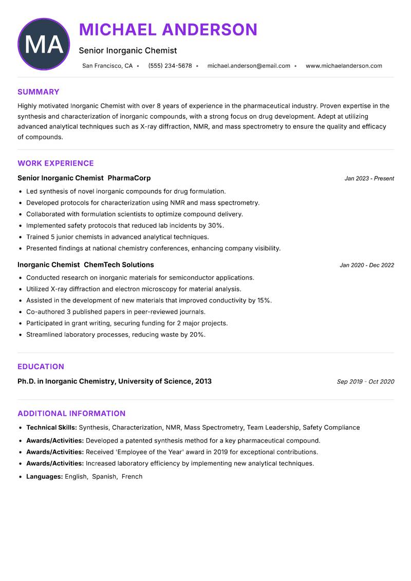 Inorganic Chemist resume example — ATS-friendly template