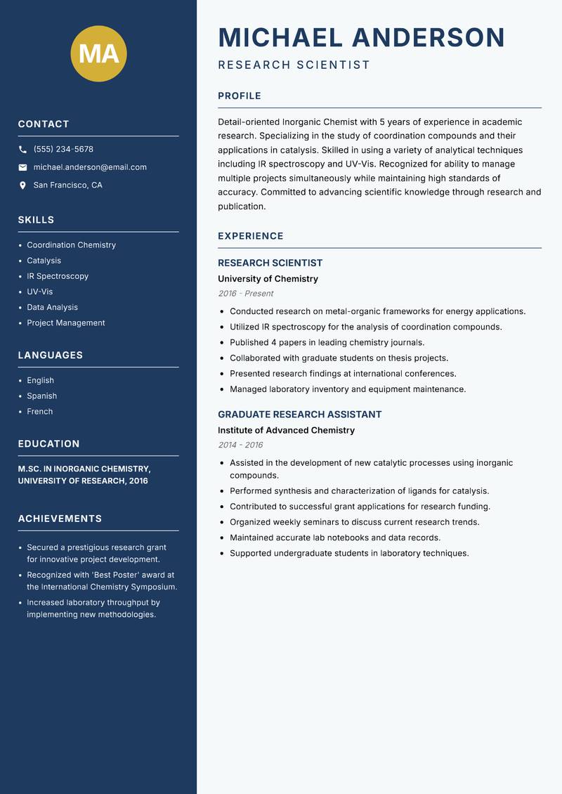 Inorganic Chemist resume template — Classic Clean
