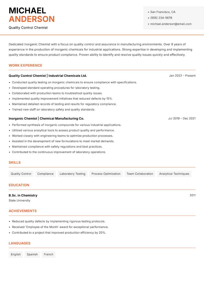 Inorganic Chemist resume template — Modern Professional