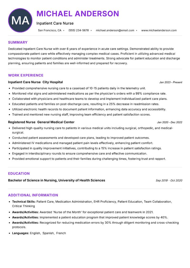 Inpatient Care Nurse resume example — ATS-friendly template