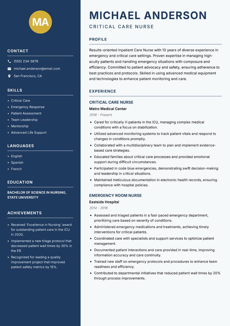Inpatient Care Nurse resume template — Classic Clean