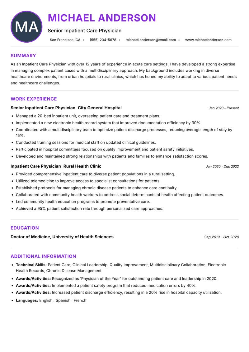 Inpatient Care Physician resume example — ATS-friendly template