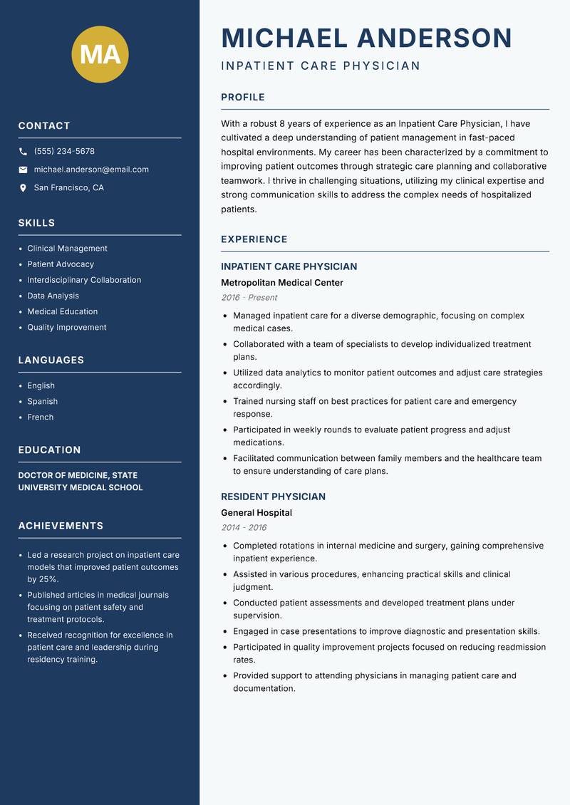 Inpatient Care Physician resume template — Classic Clean